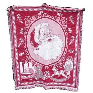 Santa Claus American Weavers Red Jolly St Nick Tapestry Vintage Throw Blanket